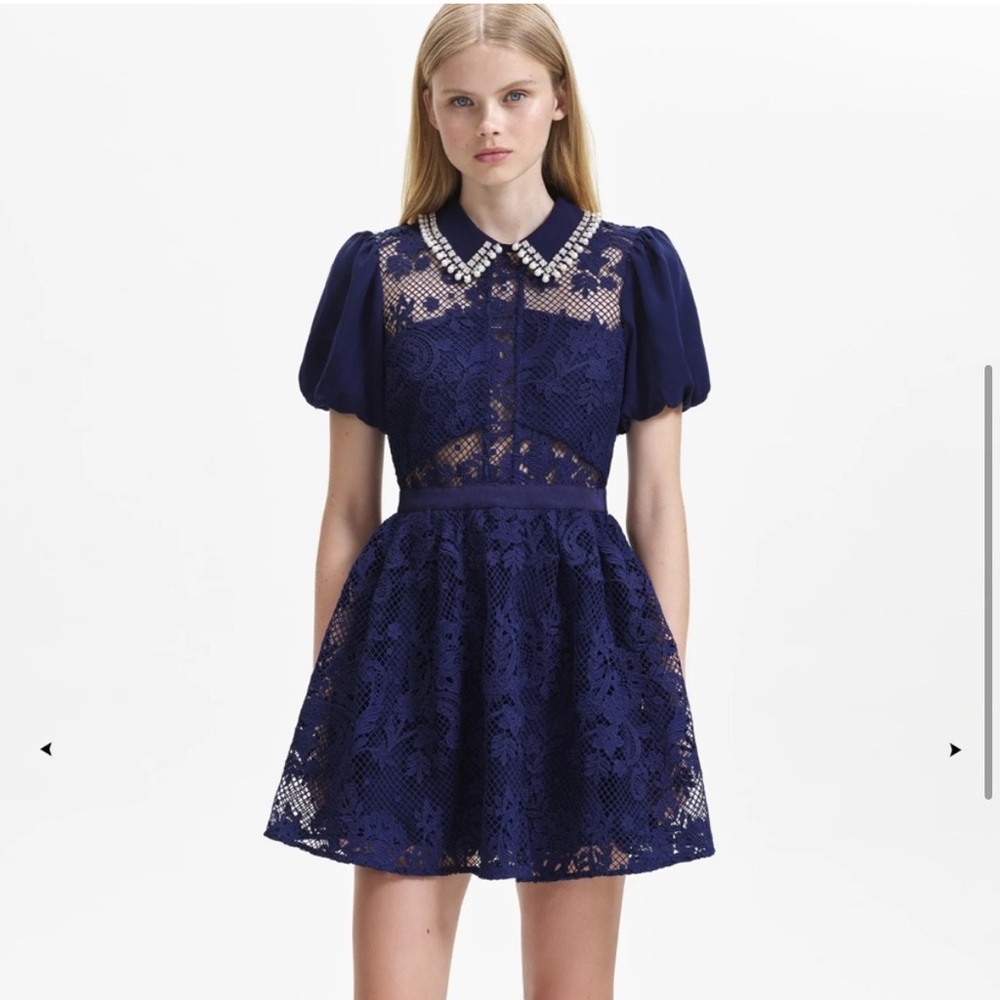 Self- Portrait NAVY LACE DIAMANTE COLLAR MINI DRESS